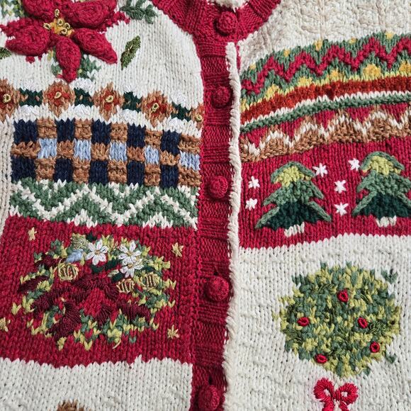 TIARA Womens Vintage 90s Christmas Holiday Embroidered Knit Cardigan Sweater MP - Picture 6 of 11